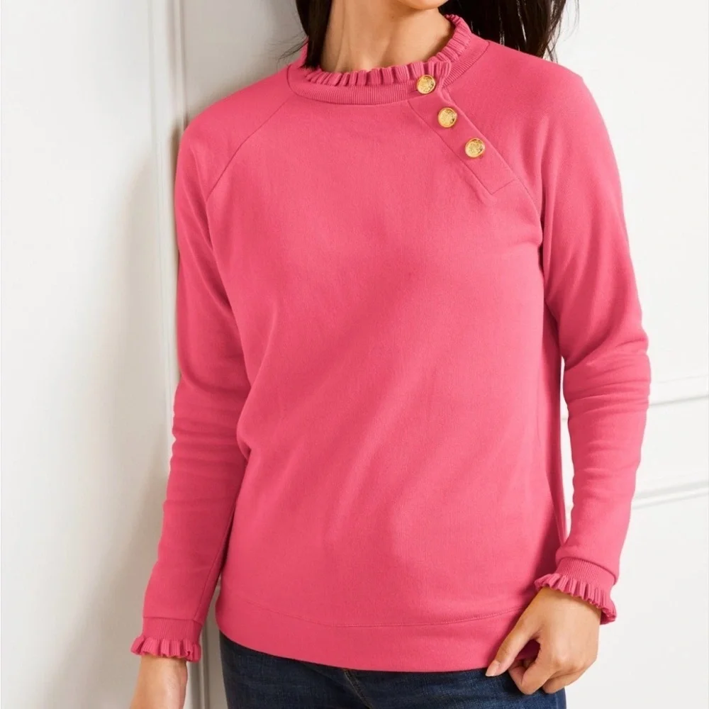 Talbots Ruffle Trim Raglan Sweatshirt Pink Gold Buttons At Neckline Size 1X - Picture 1 of 10